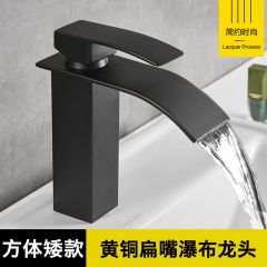 全铜扁嘴瀑布出水龙头浴室脸盆洗手盆水龙头冷热水面盆水龙头批发 单孔龙头 哑光黑 材质类型
